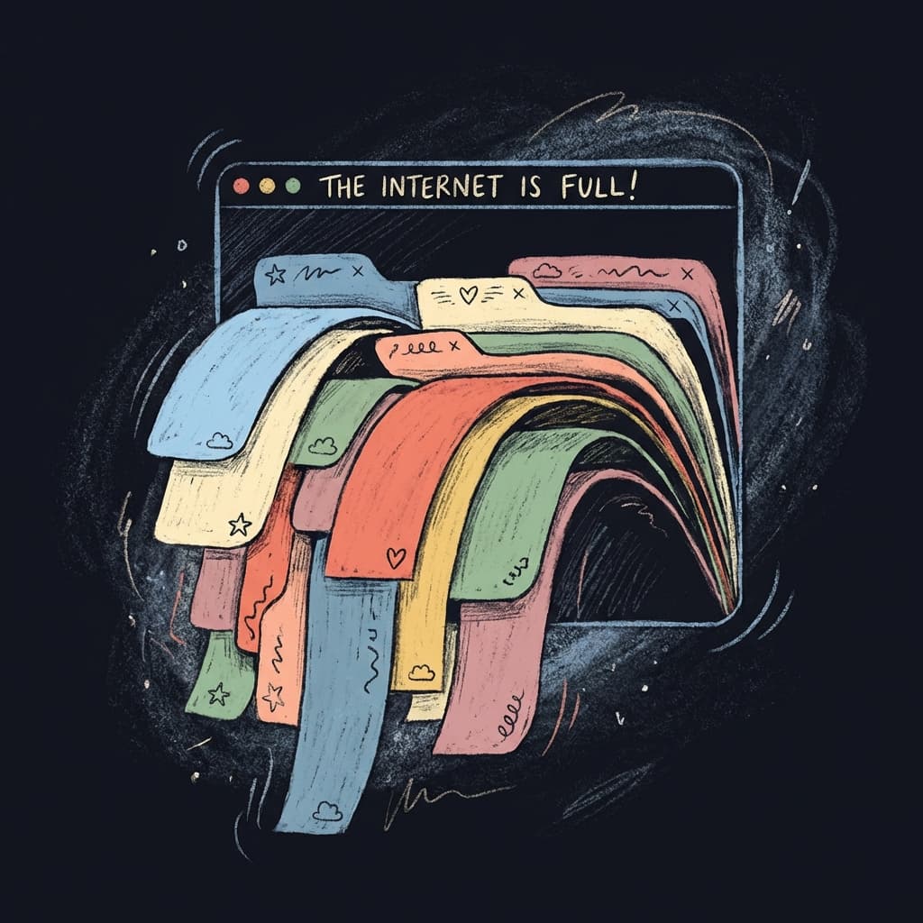 Chaotic browser window overflowing with cascading tabs