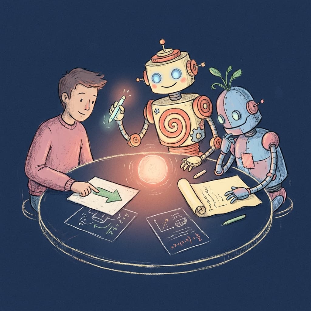 A human and two friendly robots collaborating at a round table